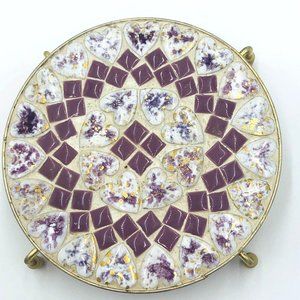 Footed Mosaic Purple Heart Tile Trivet  Gold base, 7" wide (feet)  6" circle
